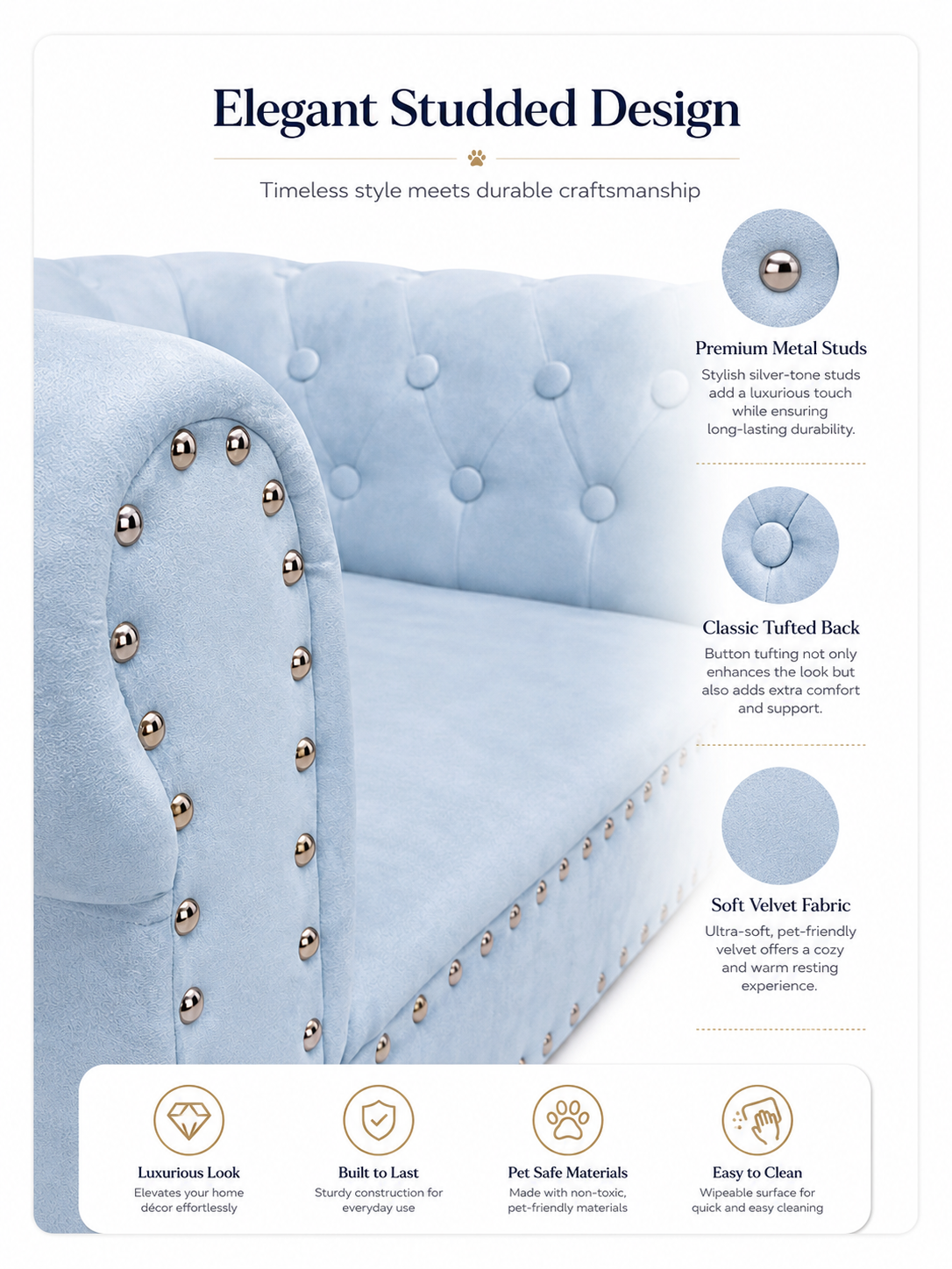 Tail Furniture Chesterfield Luxe Pet Sofa Bed – Plush Orthopedic Dog & Cat Couch