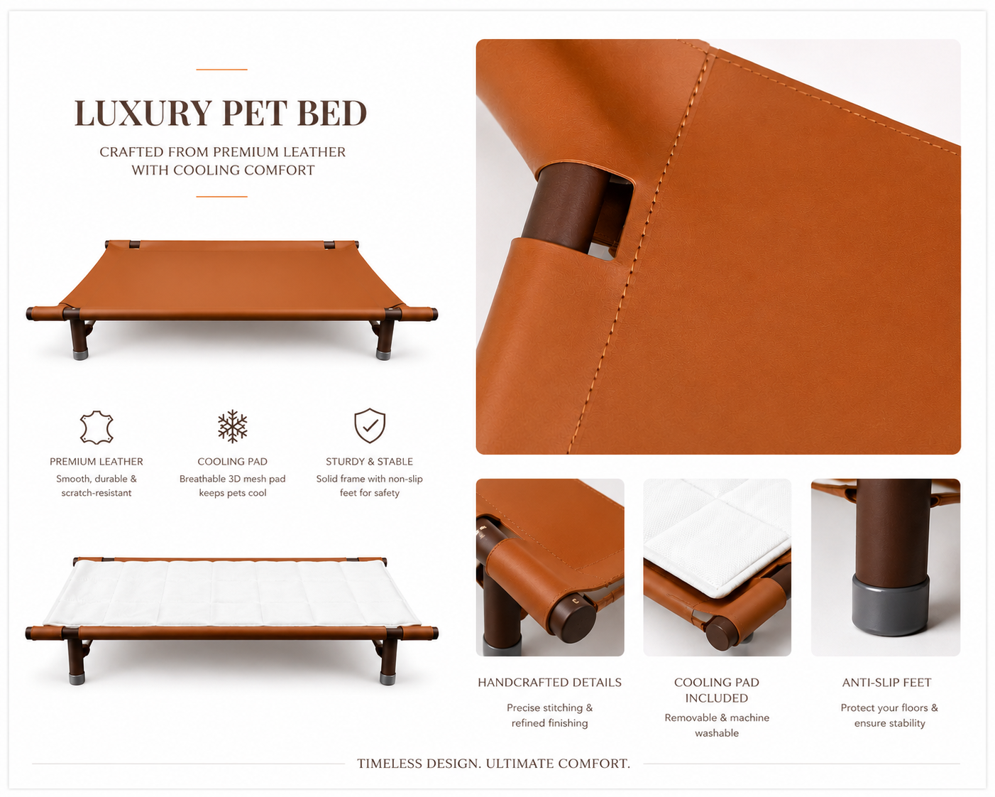 Tail Furniture Tail Furniture™ Luxe Leather Elevated Pet Cot Bed – Modern Cooling Dog & Cat Lounge