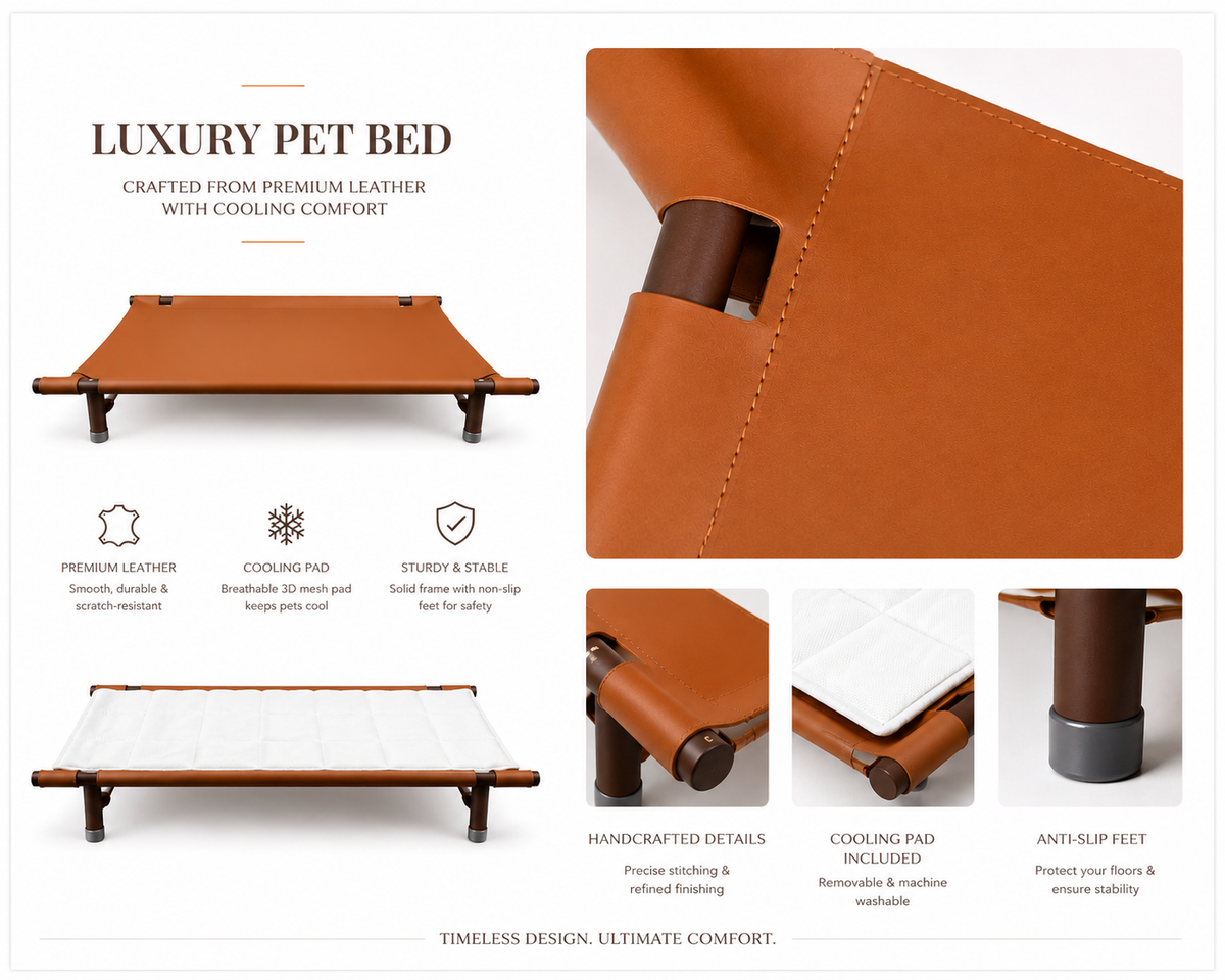 Tail Furniture Tail Furniture™ Luxe Leather Elevated Pet Cot Bed – Modern Cooling Dog & Cat Lounge