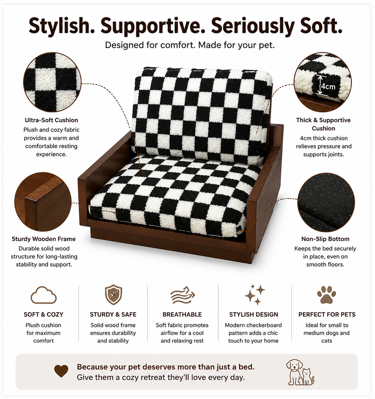 Tail Furniture Checkerboard Plush Pet Lounge Chair – Modern Wooden Dog & Cat Sofa Bed
