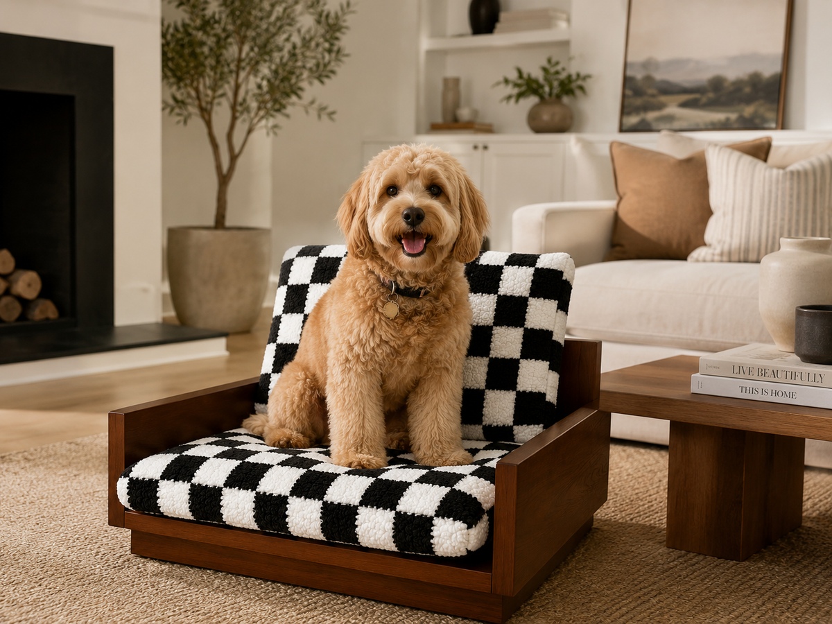 Tail Furniture Checkerboard Plush Pet Lounge Chair – Modern Wooden Dog & Cat Sofa Bed