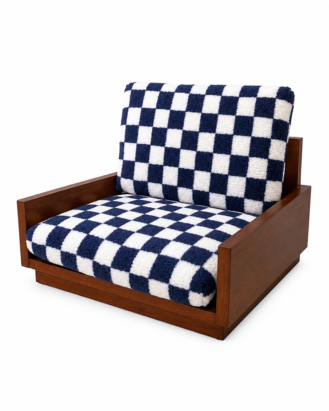 Tail Furniture Navy Checkered Plush Pet Sofa Bed – Luxury Wooden Dog & Cat Lounge Chair