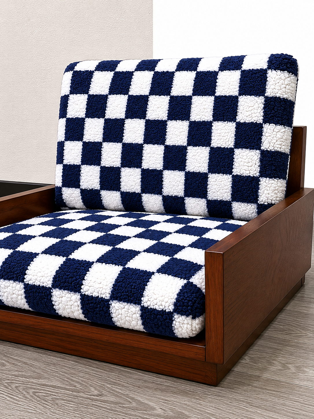 Tail Furniture Navy Checkered Plush Pet Sofa Bed – Luxury Wooden Dog & Cat Lounge Chair