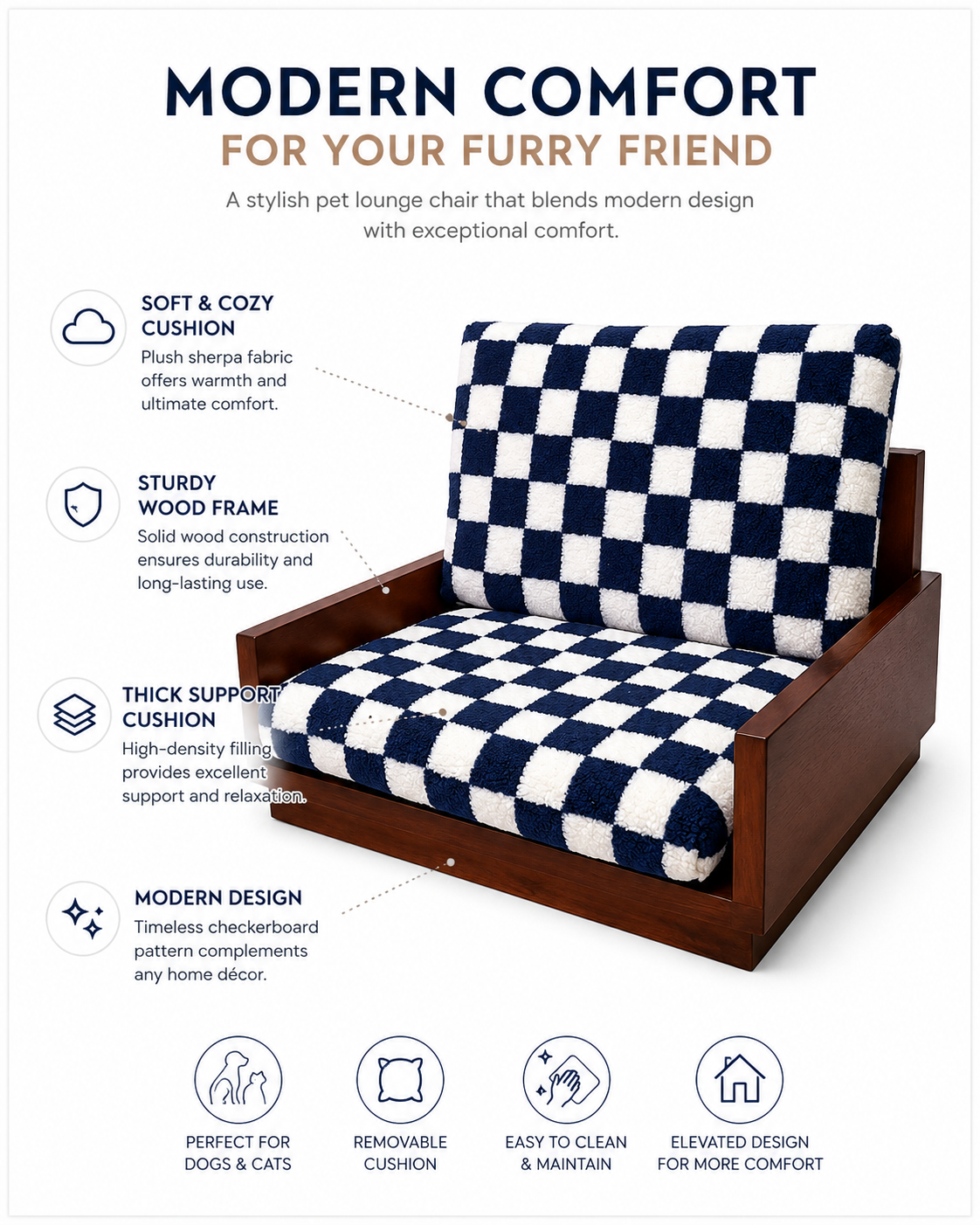 Tail Furniture Navy Checkered Plush Pet Sofa Bed – Luxury Wooden Dog & Cat Lounge Chair
