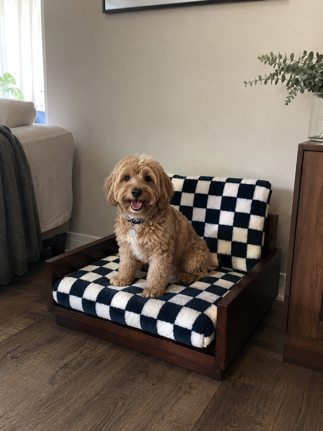 Tail Furniture Navy Checkered Plush Pet Sofa Bed – Luxury Wooden Dog & Cat Lounge Chair
