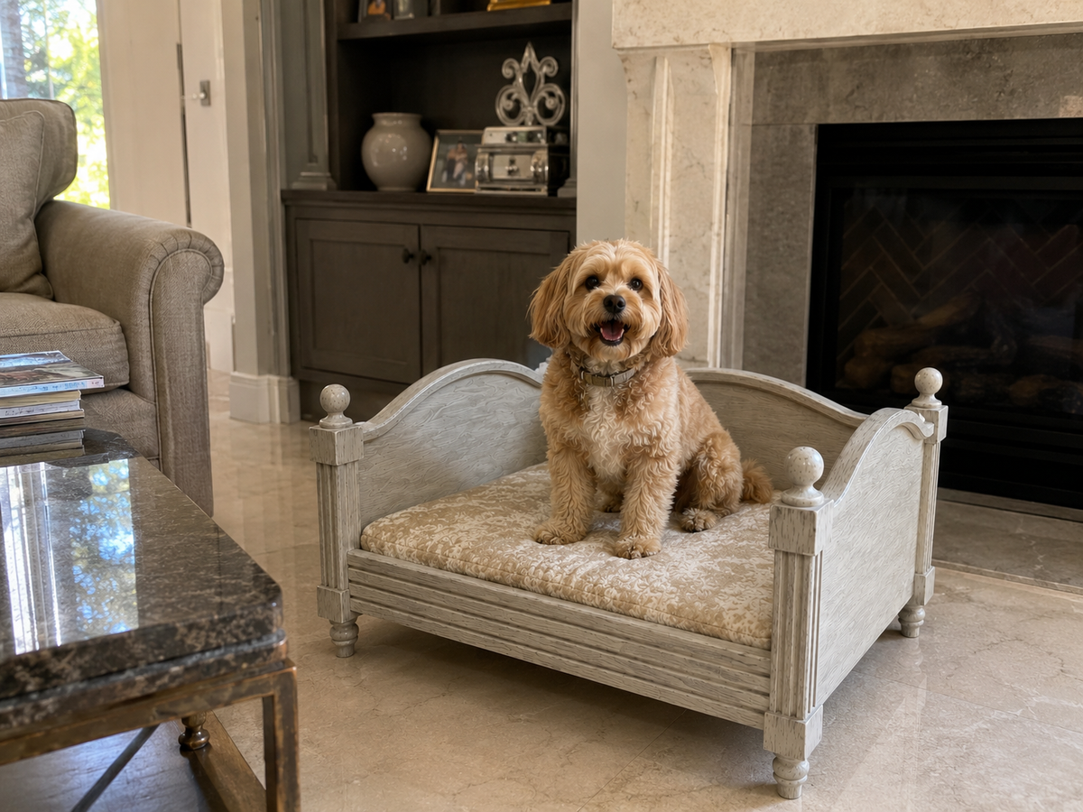 Tail Furniture Vintage Luxe Wooden Pet Sofa Bed – Elevated Orthopedic Dog & Cat Lounge with Plush Cushion