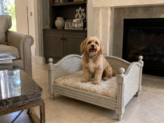 Tail Furniture Vintage Luxe Wooden Pet Sofa Bed – Elevated Orthopedic Dog & Cat Lounge with Plush Cushion