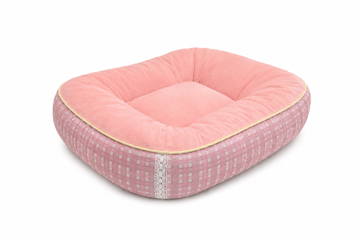 Tail Furniture Pink Plaid Lace Calming Pet Bed – Ultra Soft Plush Dog & Cat Bed for Small Pets