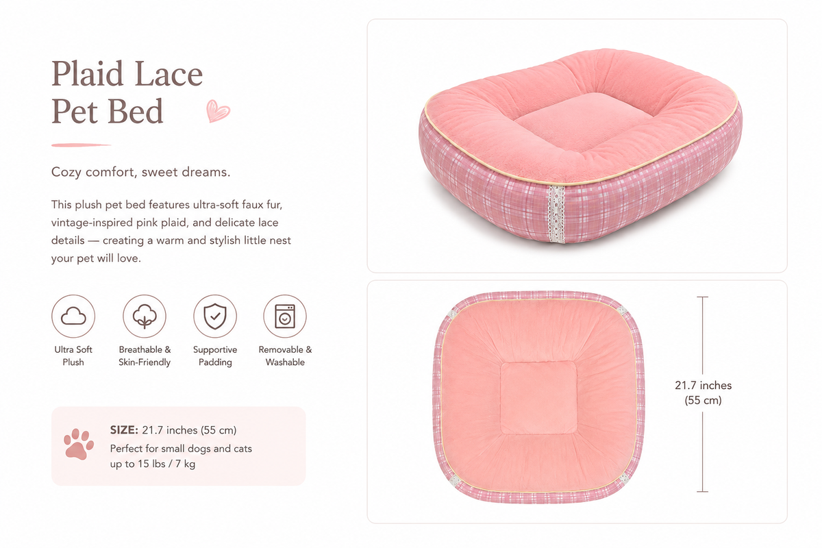 Tail Furniture Pink Plaid Lace Calming Pet Bed – Ultra Soft Plush Dog & Cat Bed for Small Pets